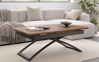Mesa elevable y convertible para comedor que optimiza espacio y decora elegante.