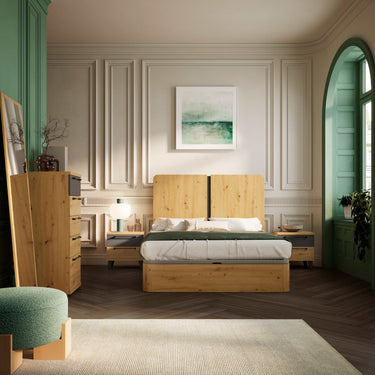 Dormitorio matrimonio Génova con cabecero blanco y mesitas funcionales de diseño moderno