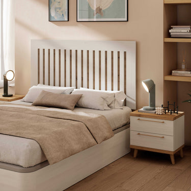 Composición dormitorio de matrimonio Génova con cabecero minimalista y mesitas de dos cajones en colores variados