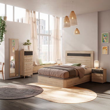 Composición dormitorio de matrimonio Génova con cabecero y mesitas elegantes de estilo nórdico en varios colores.