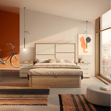 Dormitorio matrimonio Génova en colores Polar y Artisan con diseño moderno y mesitas de noche a juego