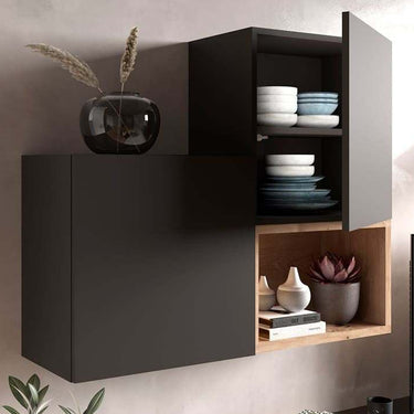 Composición de salón comedor minimalista FLORENCIA ambiente 8 en tonos artisan, ébano y blanco.