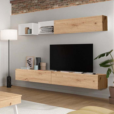 composición de salón comedor FLORENCIA ambiente 7 con diseño minimalista y módulos flotantes en tonos Artisan, Ébano y Blanco