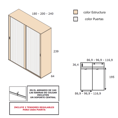 Armario dos puertas correderas L'AQUILA altura 240cm