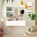 Mueble recibidor Florencia mod. 7 minimalista con espejo redondo y cubos de almacenaje en blanco y ebony.