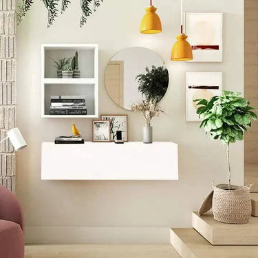 Mueble recibidor Florencia mod. 7 minimalista con espejo redondo y cubos de almacenaje en blanco y ebony.