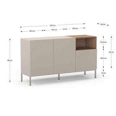 Aparador salón Cailin Perla de 3 puertas color perla con patas metálicas