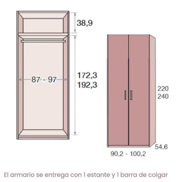 Armario 2 puertas batientes colección SIENA con estante y barra para colgar
