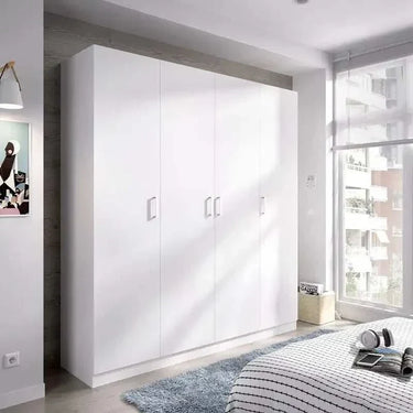 Armario 4 puertas blanco de melamina con acabado liso, diseño moderno y tiradores rectangulares de plástico blanco.