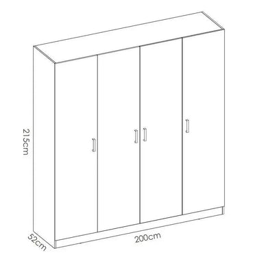 Armario 4 puertas blanco de tablero melamínico con herrajes metálicos y diseño minimalista, mide 215x200x52 cm.