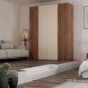 Armario 4 puertas L'AQUILA de 240 cm de alto en melamina resistente, fabricado en España, con estantes y barras colgadoras interiores.