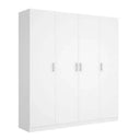 Armario 4 puertas blanco con acabado melamínico, estructura robusta, tiradores metálicos y diseño moderno y sencillo.