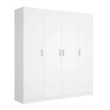 Armario 4 puertas blanco con acabado melamínico, estructura robusta, tiradores metálicos y diseño moderno y sencillo.