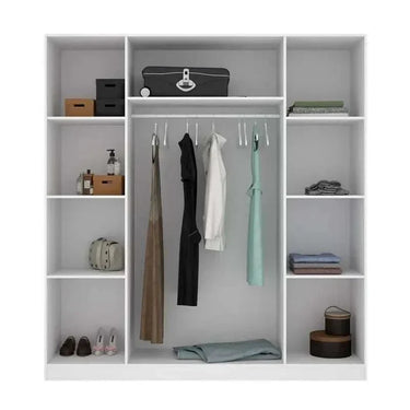 Armario 4 puertas blanco de tablero con múltiples compartimentos y barra para colgar ropa, diseño funcional y moderno.