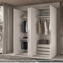 Armario 4 puertas blanco de diseño liso, con puertas batientes abiertas, estantes, barras y cajones interiores.