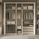 Armario 5 puertas blanco de acabado liso, con puertas abiertas, estantes, cajones y barras para colgar ropa.