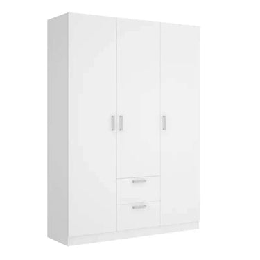 Armario con cajones blanco de 3 puertas y 2 cajones, material melamínico resistente con herrajes metálicos y diseño moderno.