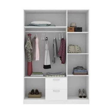 Armario con cajones blanco de melamina con 3 puertas, 2 cajones y estantes para ropa y accesorios organizados.