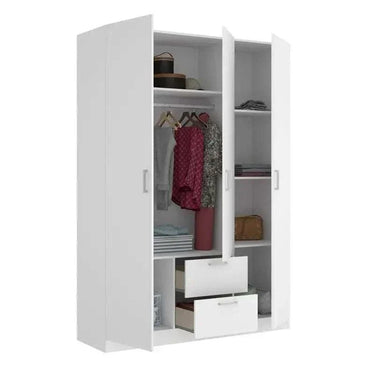 Armario con cajones blanco de 3 puertas y 2 cajones, material melamínico y herrajes metálicos, diseño moderno y funcional.