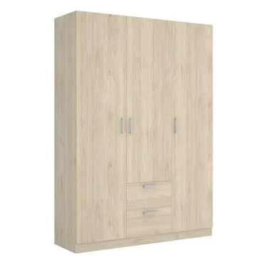 Armario con cajones en color natural madera, tres puertas y dos cajones, diseño moderno y acabado liso.