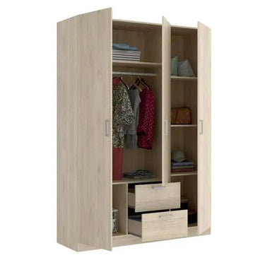 Armario con cajones color natural de madera clara con 3 puertas y 2 cajones, con espacio para ropa colgada y estantes.