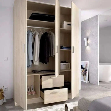 Armario con cajones de 3 puertas en acabado natural, con dos cajones abiertos y espacio para colgar ropa y almacenamiento.