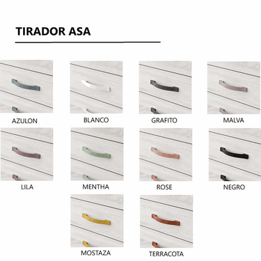 Tirador de asa curvada en varios colores, montado sobre frentes blancos; no es un Armario corredero.
