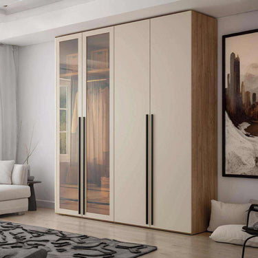 Armario dormitorio LUCCA 4 puertas con cristal templado toffe y tiradores negros