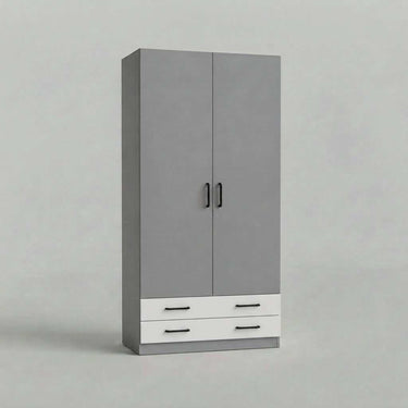Armario de dos puertas y dos cajones, en gris con frentes blancos y tiradores negros; diseño liso y alto.