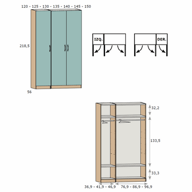 Armario de tres puertas en tonos verde agua y madera clara, con estantes y barras interiores para colgar ropa.