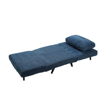 Butaca cama azul de tela acanalada, desplegada como cama individual, con cojín a juego y patas negras.