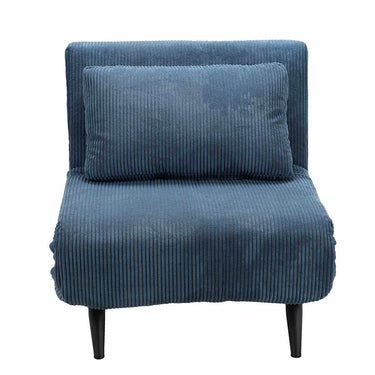 Butaca cama azul tapizada en tela de canalé, con cojín de respaldo rectangular y patas metálicas negras.