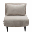 Butaca cama beige de tela acanalada, con cojín de respaldo y patas metálicas negras; diseño compacto convertible.