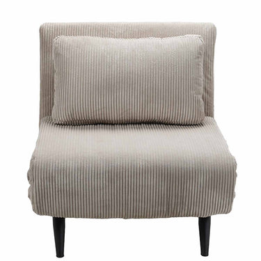 Butaca cama beige de tela acanalada, con cojín de respaldo y patas metálicas negras; diseño compacto convertible.
