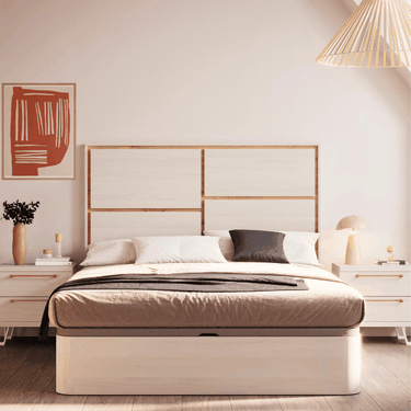 cabecero arenzano de paneles modulares en cuadrícula color roble natural para dormitorio