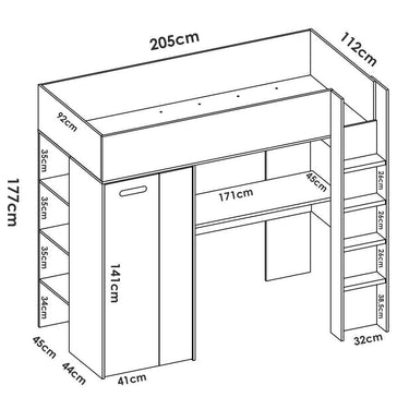 Cama alta blanca de madera con armario, estantes laterales y mesa integrada, diseño funcional y compacto para dormitorios juveniles.