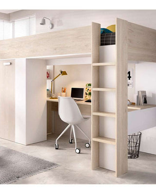 Cama alta en tonos blanco y natural de tablero con melamina, con mesa de estudio y armario integrado, diseño moderno y funcional.