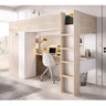 Cama alta en tonos blanco y natural de tablero con melamina, con mesa de estudio y armario integrado, diseño moderno y funcional.
