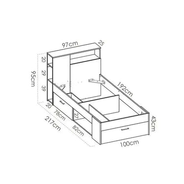 Cama Compacta juvenil en diseño compacto con estantería, cajón y arcón integrados, estructura rectangular con medidas detalladas.