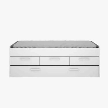 Cama Compacta juvenil blanca de tablero melamínico con cama nido supletoria y tres cajones frontales extraíbles.
