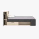 Cama Compacta juvenil en gris y madera clara con estantería integrada, cajón y compartimento abierto para almacenaje.
