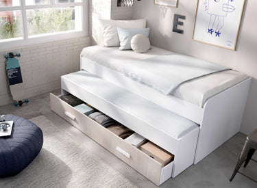 Cama Compacta juvenil blanca de melamina con cama supletoria y cajón inferior para almacenamiento, diseño funcional y moderno.