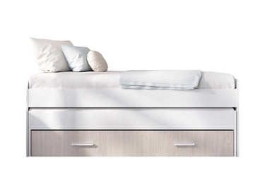 Cama Compacta juvenil en blanco con estructura de tablero melamínico, cama supletoria y cajón inferior con asas rectangulares.