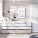 Cama Compacta juvenil blanca de madera con cama supletoria deslizante y cajón inferior, diseño moderno y funcional.