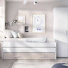 Cama Compacta juvenil blanca de madera con cama supletoria deslizante y cajón inferior, diseño moderno y funcional.