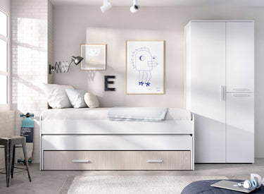 Cama Compacta juvenil blanca de madera con cama supletoria deslizante y cajón inferior, diseño moderno y funcional.