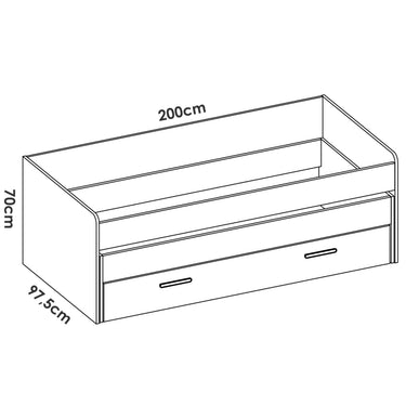 Cama Compacta juvenil blanca de tablero melamínico con cama supletoria y cajón inferior, medidas 200x97.5x70 cm.