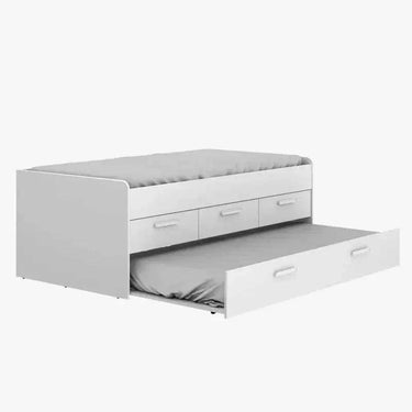 Cama Compacta juvenil blanca de melamina con estructura sólida, cama nido extraíble y tres cajones con ruedas.