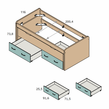 Cama compacta de tablero en tono beige con dos cajones frontales verde agua y tiradores negros, diseño con almacenaje inferior.