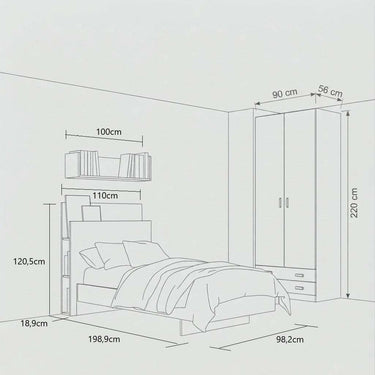 Cama juvenil en conjunto de líneas esquemáticas, con cabecero organizador, estante flotante y armario de dos puertas con cajones.